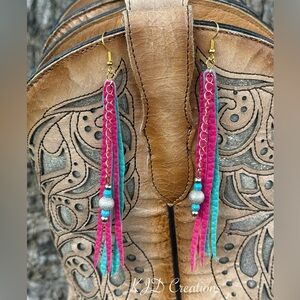 Western Boho faux leather feather long dangle earring with beads chain accents